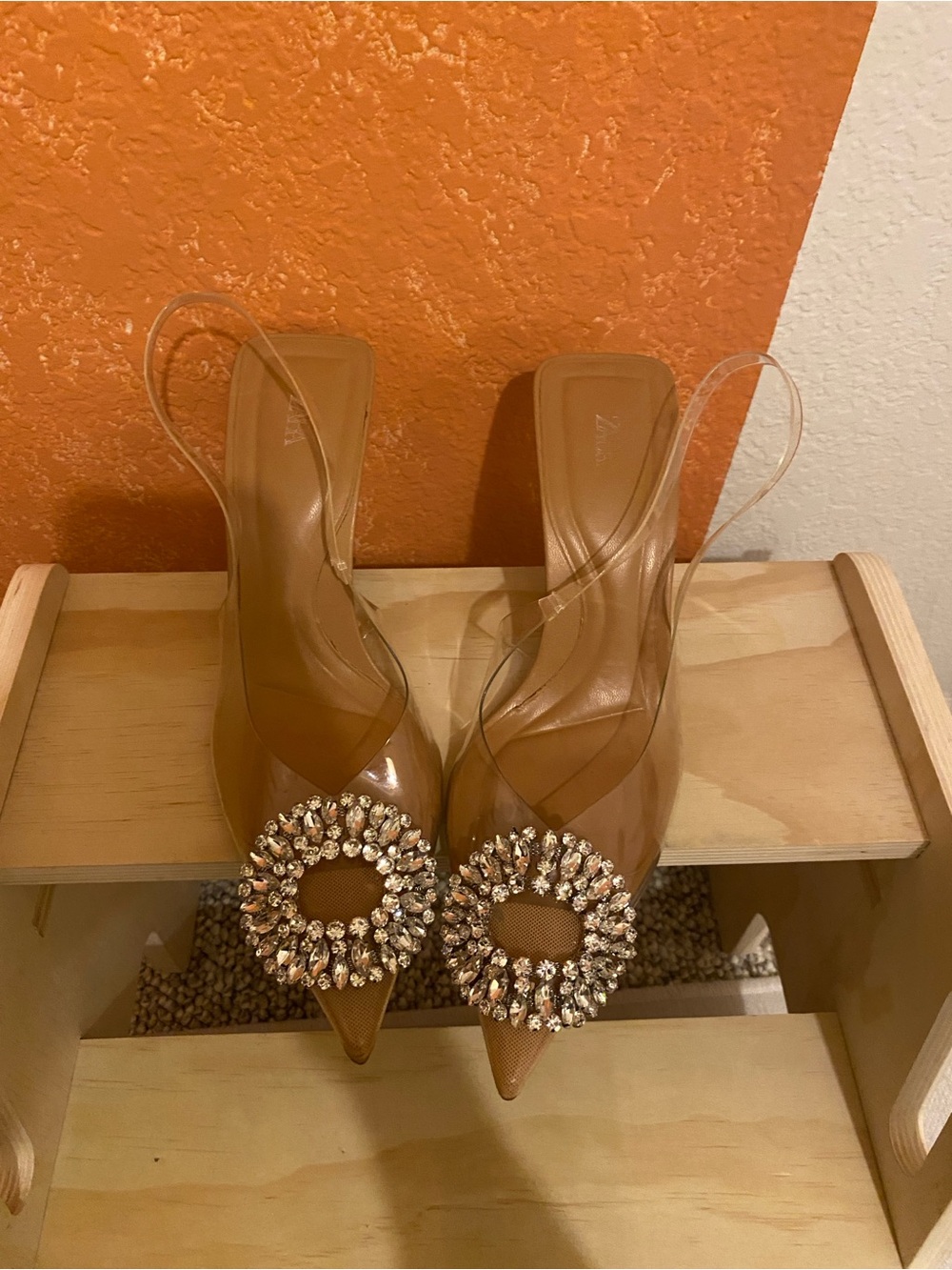 Zara Brown Pointed Toe Heels with Crystal Buckle